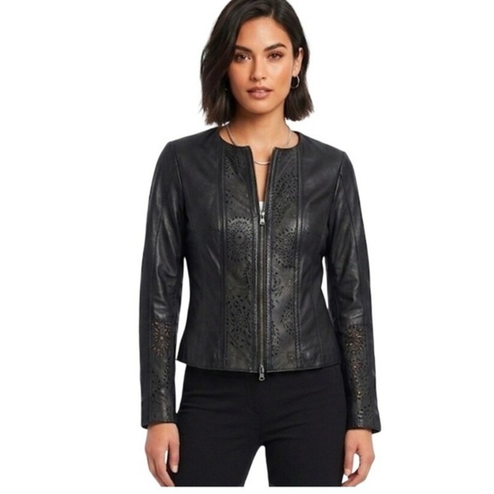 Antica Pelleria Italy Black Leather Laser Cut Eyelet Jacket Women Size 42‎ Small